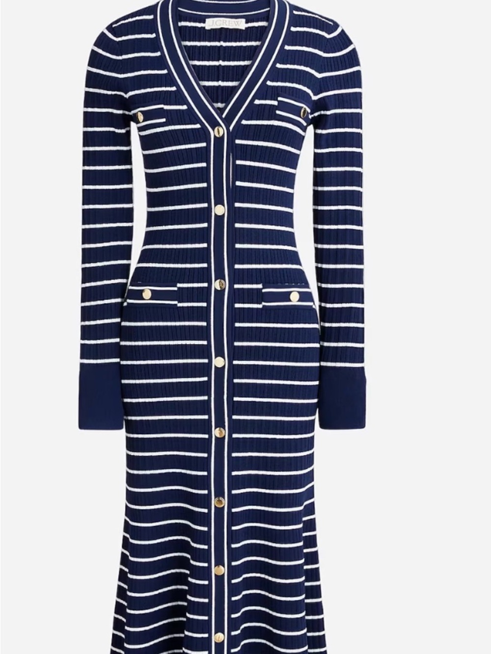 J. CREW Navy & White Striped Long Knit Dress with Gold Buttons size 2X
